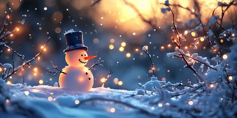 Background image of a snowman with softly glowing blurred bokeh lights creating a magical winter atmosphere, style book illustration