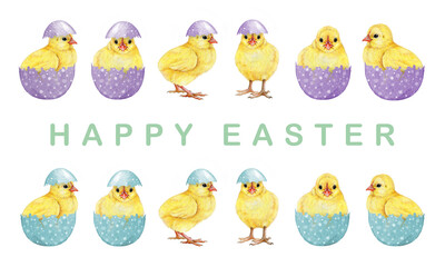 Cute yellow chicks with colored eggs Easter mood collection on white background. Hand drawn illustration. Perfect for Easter decor designs, spring decor, kids projects and rustic-themed art