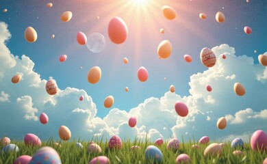 Fototapeta premium A whimsical scene of colorful Easter eggs flying through a vibrant sky above a field of grass and flowers.