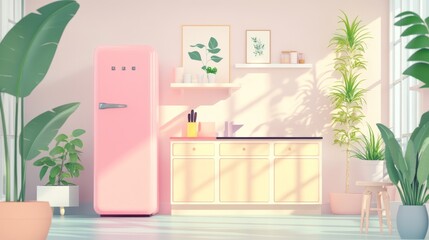 A stylish kitchen interior with pastel tones, a pink fridge, and potted plants, offering a fresh and cheerful take on modern kitchen design.