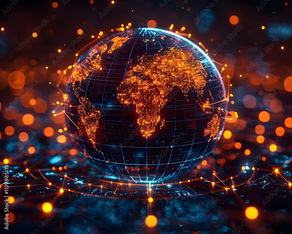 Wall mural vibrant digital globe depicting advanced global communication network powered by cutting edge techno