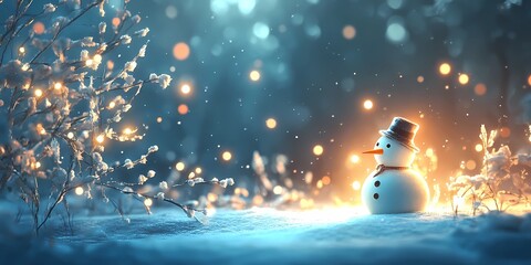 Background image of a snowman with softly glowing blurred bokeh lights creating a magical winter atmosphere, style book illustration