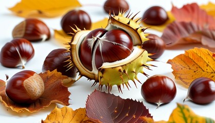 chestnuts, with and without a prickly peel, scattered on a white background with yellowed leaves
