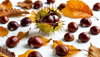 chestnuts, with and without a prickly peel, scattered on a white background with yellowed leaves