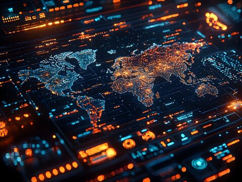 Futuristic Global Data Communication Dashboard Connecting Major Cities in Real Time