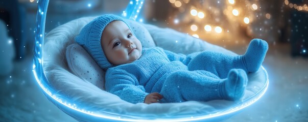 A serene baby in a cozy blue outfit relaxes in a glowing, suspended chair, surrounded by soft lights and a warm atmosphere.