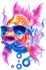 a minimalistic white logo of a gold fish wearing sunglasses and bubbles