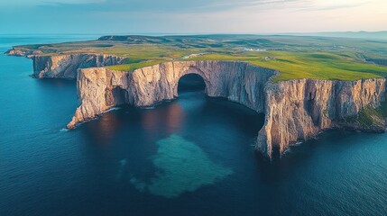 Obraz premium A scenic coastal landscape featuring dramatic cliffs and a natural arch over the ocean.