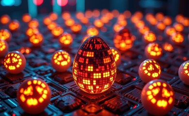 Fototapeta premium A mesmerizing array of glowing, geometric Easter eggs, illuminated with vibrant colors and intricate patterns, creating a futuristic and festive scene.