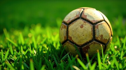 Fototapeta premium A well-worn soccer ball rests in vibrant green grass, bathed in sunlight