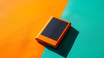 A solar powered power bank resting on a bright gradient of orange and turquoise hues