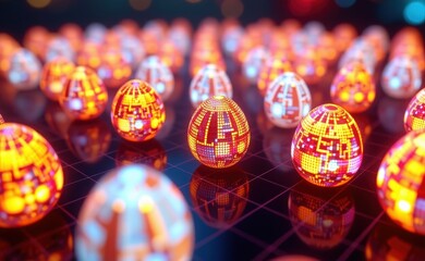 Fototapeta premium A mesmerizing array of glowing, geometric Easter eggs, illuminated with vibrant colors and intricate patterns, creating a futuristic and festive scene.