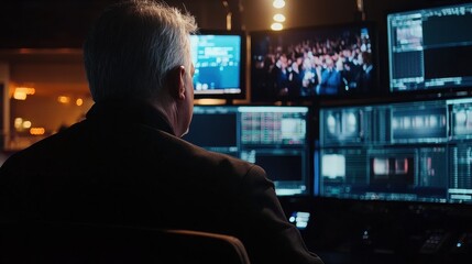 Man Monitoring Multiple Screens in Dark Environment