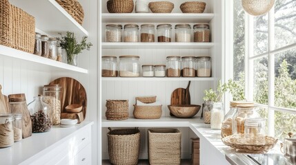 An airy kitchen pantry with white shelves, glass jars, and woven baskets, designed with a minimalist approach for a clutter-free look.