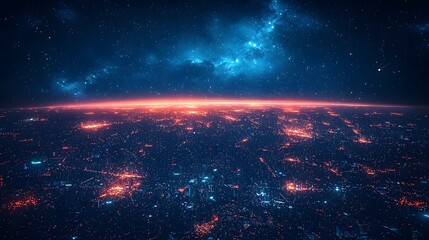 Futuristic City Skyline with Glowing Communication Satellites Orbiting the Earth Representing the Interconnected Global World Powered by Technology