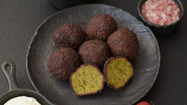 Fried chickpea falafel balls with salt, spices and herbs. Vegetarian and vegan dish