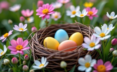 A nest filled with colorful Easter eggs nestled among a bed of blooming daisies, creating a vibrant and festive springtime scene.