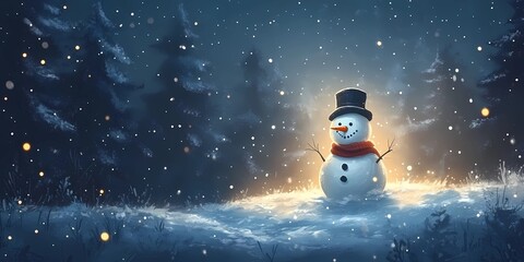 Snowman with blurred bokeh lights creating a festive winter background.