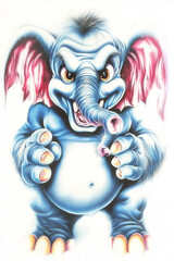 cute, furry elephant's belly, funny facial expression, eyes look full of wisdom, exaggerated movements, 3d characters, white background, a little furry, elongated shapes, cartoon style, minimalist