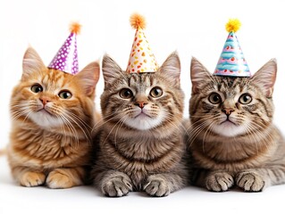 Adorable Cats Joyfully Celebrate in Festive Party Hats: Close-Up Photo. AI Generated