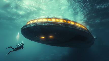 A diver explores the mysteries of the deep sea, encountering a mysterious underwater craft illuminated by glowing lights. This captivating scene reveals the beauty and intrigue of ocean exploration.