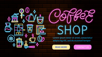 Coffee shop neon banner. Circle layout with coffee icons. Bright flyer. Vector stock illustration