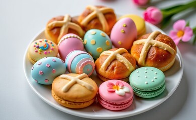 Obraz premium A festive Easter spread featuring colorful decorated eggs, a hot cross bun, and delicate macarons, all arranged on a bed of green shredded paper.