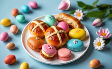 Obraz premium A festive Easter spread featuring colorful decorated eggs, a hot cross bun, and delicate macarons, all arranged on a bed of green shredded paper.