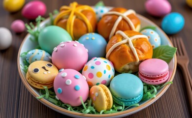 Fototapeta premium A festive Easter spread featuring colorful decorated eggs, a hot cross bun, and delicate macarons, all arranged on a bed of green shredded paper.