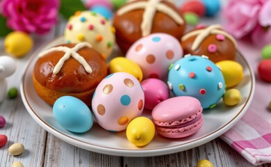 Fototapeta premium A festive Easter spread featuring colorful decorated eggs, a hot cross bun, and delicate macarons, all arranged on a bed of green shredded paper.