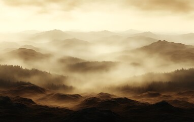 Misty mountain landscape at sunrise.