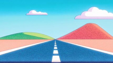 Vibrant Digital Painting: Serene Road Winding Through Colorful Hills. AI Generated