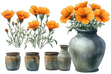 A collection of orange flowers and decorative vases in a watercolor style.