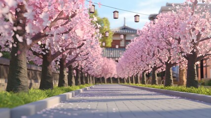 Cherry blossom trees and paper lanterns. 3d illustrration. Spring concept.