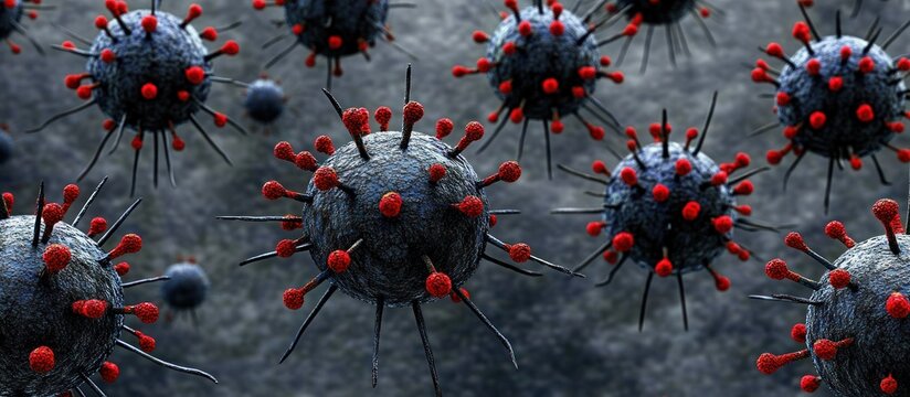 Microscopic view of virus cells with red spikes on a gray background.