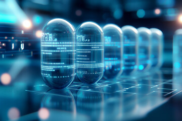Obraz premium A futuristic depiction of transparent capsules arranged on a digital display, blending technology and health, symbolizing the advancement in pharmaceuticals and the digital age.