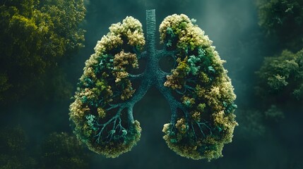 Healthy lungs, Green lungs of planet Earth. 3d rendering of a clean lake in a shape of lungs in the middle of virgin forest.