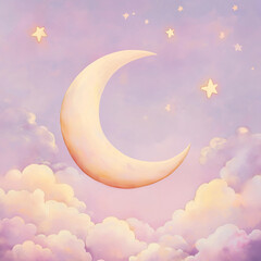 A whimsical pastel illustration of a crescent moon hanging in a lavender sky