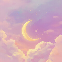 A whimsical pastel illustration of a crescent moon hanging in a lavender sky