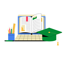 Open Book And Graduation Cap On Laptop In Flat Vector Illustration Symbolizing Learning, Knowledge, And Academic Success, Isolated On White Background.