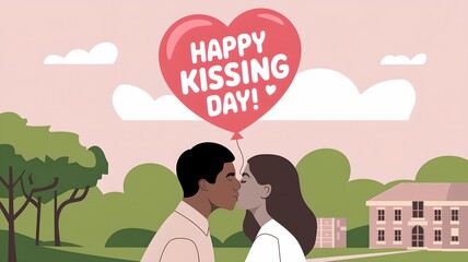 front view portrait couple kissing, minimalistic illustration style, romantic concept, for banner, design, poster, cover, print, book, card, light isolated background , copy space for text	