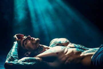 Tattooed young shirtless man posing in airy lighting