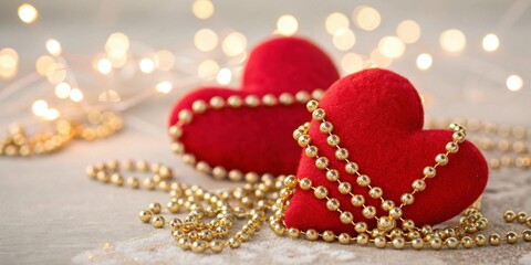Fototapeta premium Romantic Hearts with Gold Beads and Soft Lights