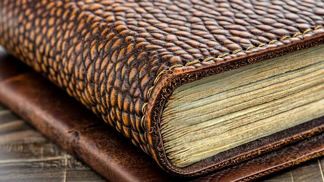 Intricate leather-bound journal rests on wooden table showcasing detailed craftsmanship and aged pages