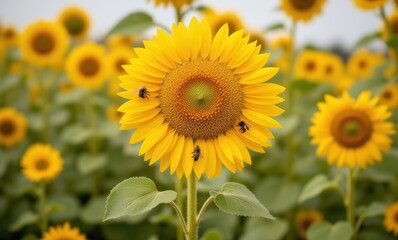 Vibrant sunflower with bees buzzing around