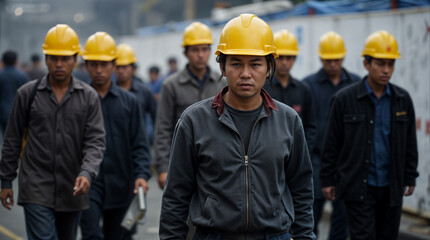 Construction workers in hard hats walking together on a job site. A serious man in the center of the frame.