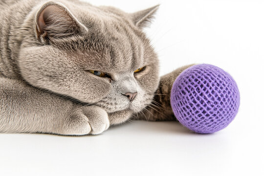 Grey British Shorthair Cat and Purple Knit Ball - Powered by Adobe
