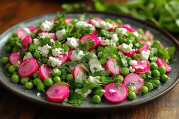 Fresh pea and radish salad with feta cheese and herbs on a plate