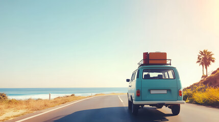 A scenic journey by the ocean in a vintage car, packed and ready for an adventure beneath the clear blue sky and shining sun.