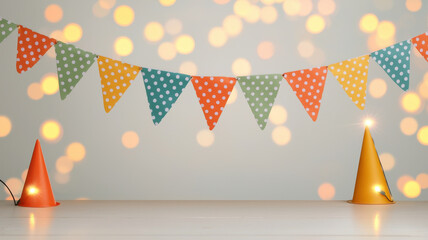 Happy birthday bunting themed, Colorful polka dot bunting and party hats create festive atmosphere